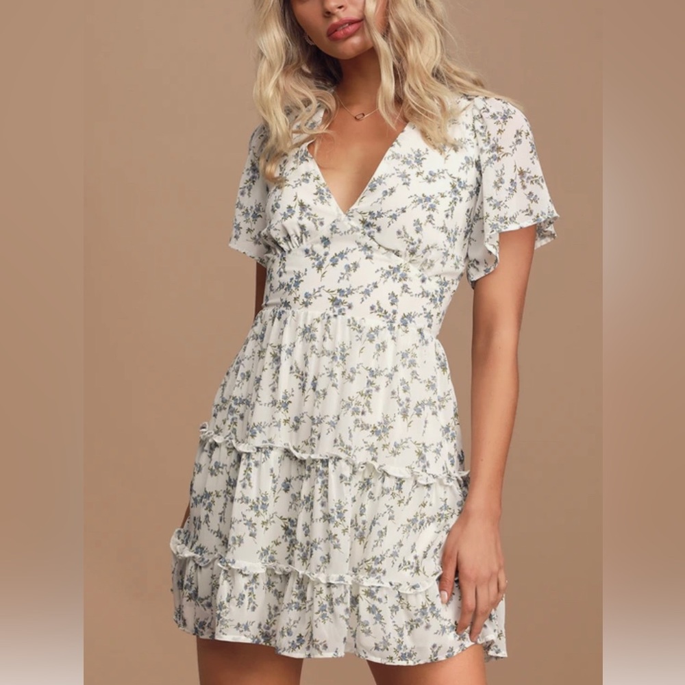 Lulus x Lush White Floral Print Tiered Short Sleeve Mini Dress